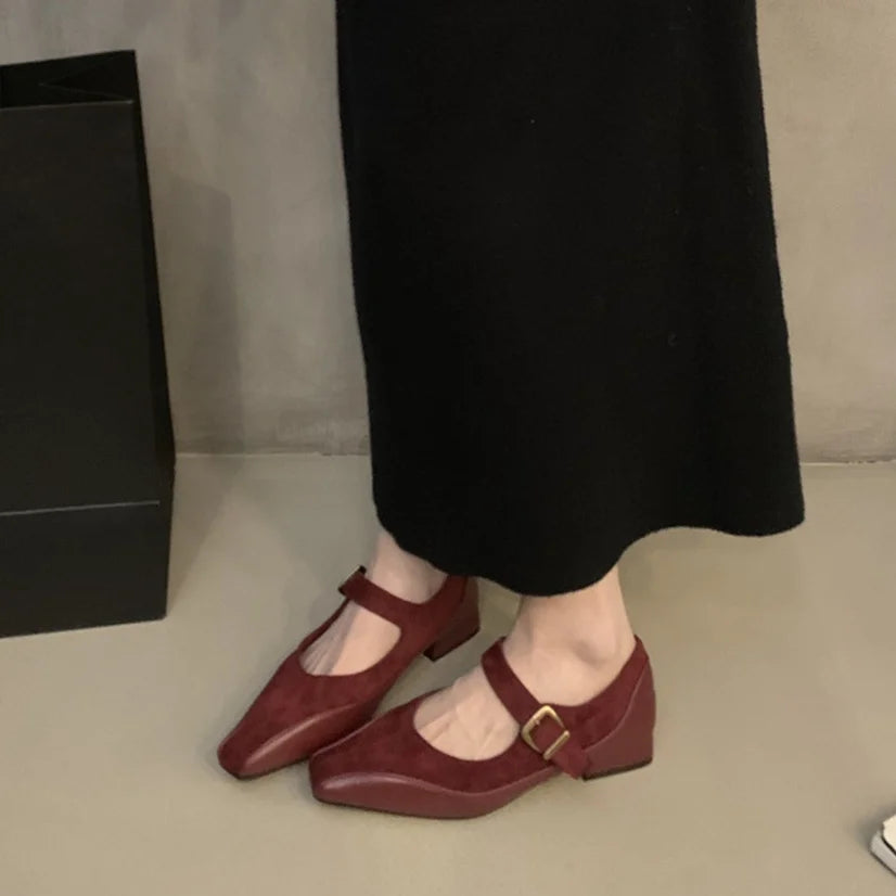LBSFY  -   Ladies Flat Shoes High Quality Mary Janes Women's Pumps Elegant Dress Pumps Women Square Toe Buckle Strap Low Heel Shoe