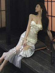 LBSFY -Sexy Floral Strapless Womens Dresses Mesh Patchwork Sleeveless Bodycon Evening Party Dress Elegant Gown Prom Formal Clothes New