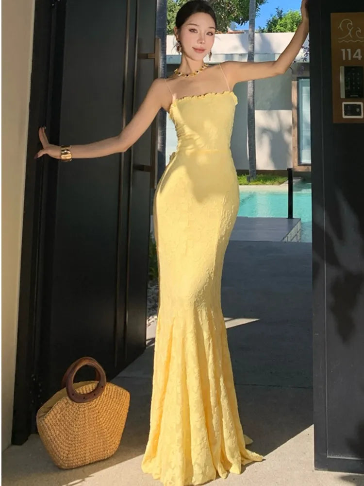 LBSFY -Women's Sexy Elegant Bodycon Party Dress Summer Yellow Lace-up Evening Spaghetti Strap Dresses 2025 New Chic Beach Holiday Robe