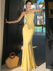 LBSFY -Women's Sexy Elegant Bodycon Party Dress Summer Yellow Lace-up Evening Spaghetti Strap Dresses 2025 New Chic Beach Holiday Robe