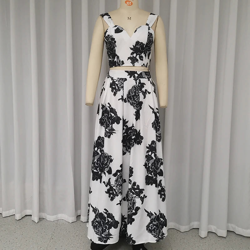 LBSFY  -   Women Two Piece Set Summer Elegant V Neck Sleeveless Backless Floral Printed Vest Top Loose Long Skirt Sets Streetwear