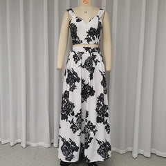 LBSFY  -   Women Two Piece Set Summer Elegant V Neck Sleeveless Backless Floral Printed Vest Top Loose Long Skirt Sets Streetwear