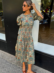 LBSFY  -  2025 Elegant Printed Pleated Hem Women's Midi Dress Fashion Puff Long Sleeves Round Collar Robe New Summer Vacation Lady Vestido
