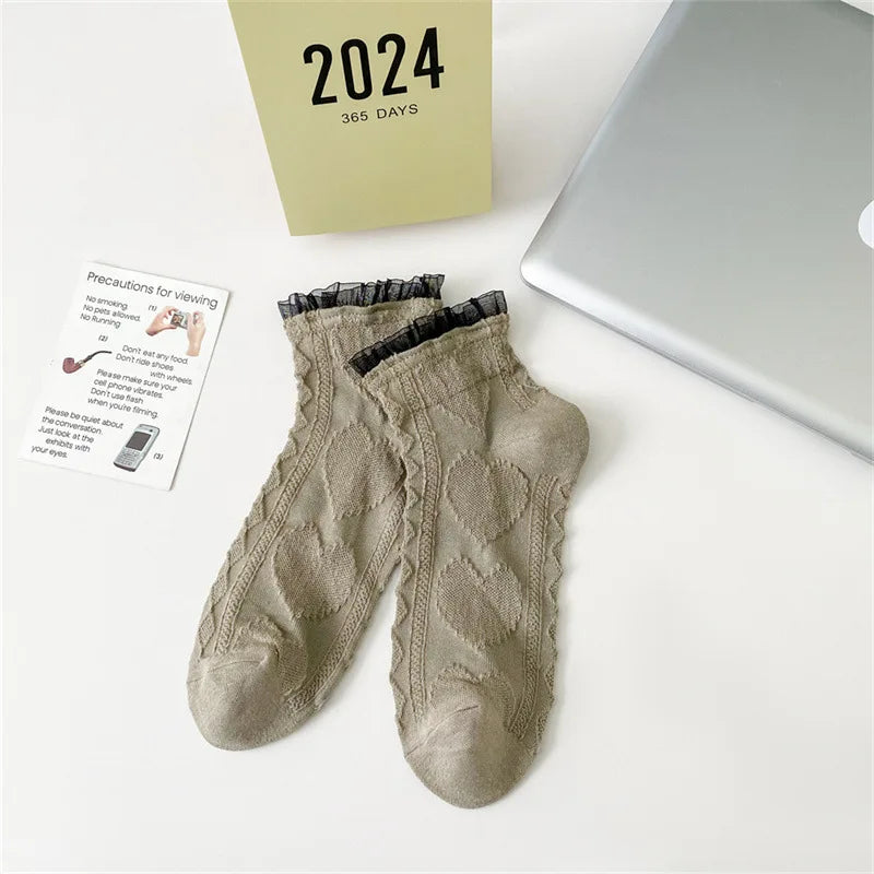 Lbsfy Women's Sock Spring Summer High Appearance Pure Cotton Anti Slip Sweat-absorbing Breathable Lace Love Fashion Cotton Short Socks