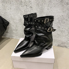 LBSFY -Autumn Vintage Thick Heel Women Western Cowgirl Boots Fashion Belt Buckle Ladies Elegant Slip on Mordern Mid Calf Booties