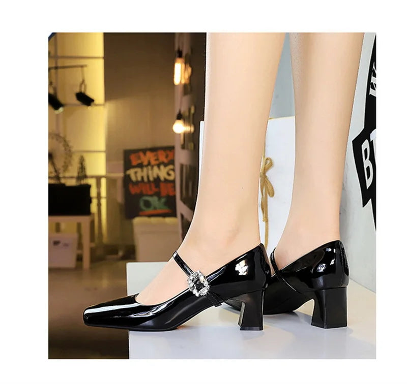 LBSFY -Banquet Mary Jane Women Single Shoes Square Toe Light Mouth Patent Leather One-Striped Rhinestone Buckle Thick Heel Medium Heel