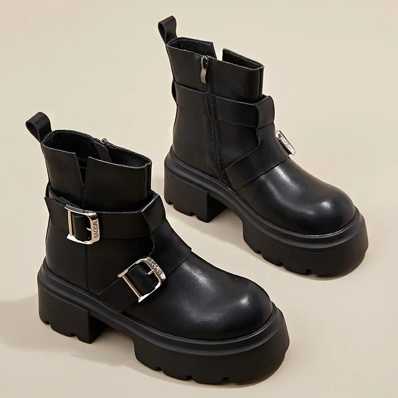 LBSFY  -  British Cow Leather Metal Buckle Women's Ankle Boots Designer Casual Shoes for Women Fashion Spring Autumn Platform Boots Female