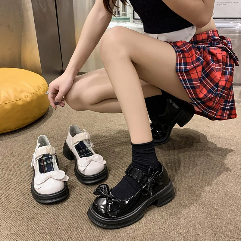 LBSFY -Luxury Platform Women Single Lolita Shoes Autumn Patent Leather Ankle Bow Mary Jane Shoes Woman Loafers Topsiders Ballerinas