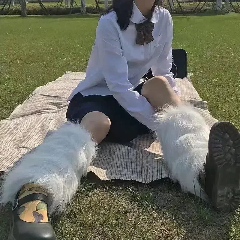 Lbsfy Japanese White Faux Fur Leg Warmers Boot Covers Y2K Goth Solid Leg Socks Punk Jk Knee-length Hiphop Hotgirl Fashion Warm Sock