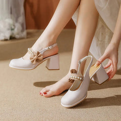 LBSFY  -  Large Size 31-43 High Heels Round Toe Chunky Heel Mary Jane Shoes Women White Black Slingbacks Patent Leather