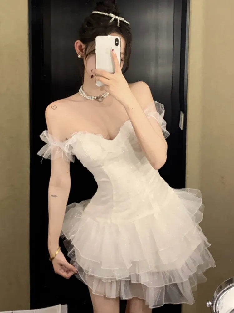 LBSFY -French Elegant White Mini Women's Cake Dresses Slash-Neck Strapless Mesh Sexy Dress Prom Female Clothes New Spring Summer 2025