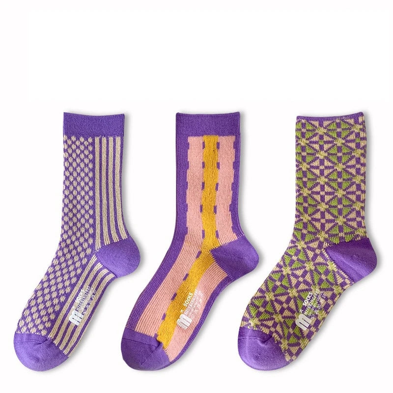 Lbsfy Winter Purple Series Socks for Women Fashion Double Needle Middle Tube Sock Commuter Trendy Geometric Socks Stripes Female Sox