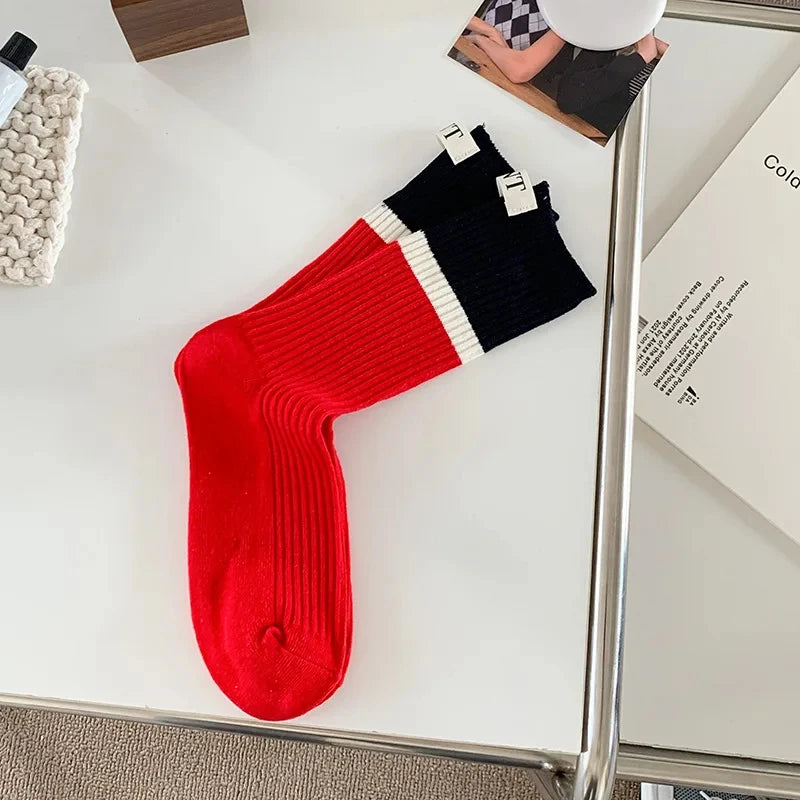Lbsfy Fashionable and versatile Contrast colored socks women's high top pile up socks Korean version of spring/summer cotton socks