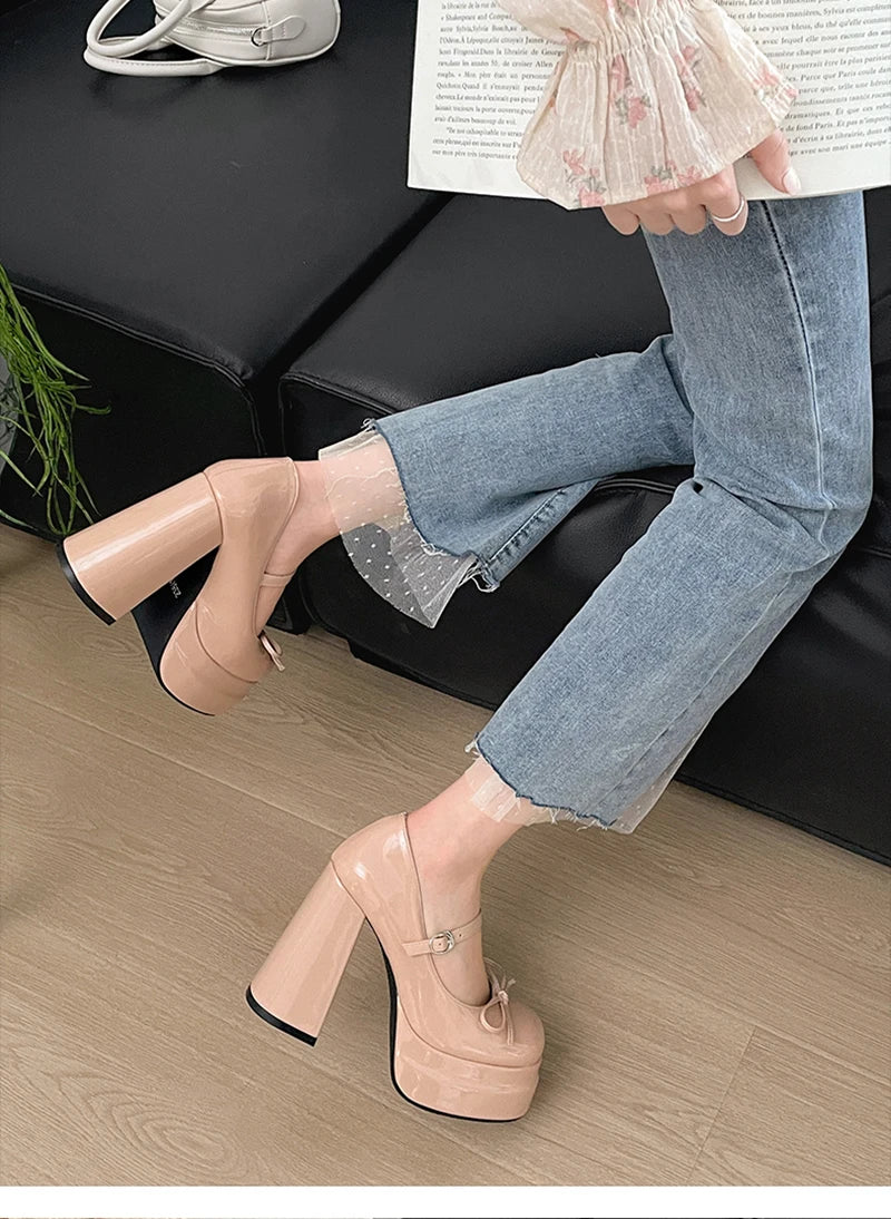 LBSFY -Autumn Platform Thick Heel Women Mary Jane Shoes Fashion Butterfly-knot Shoes Ladies Outdoor Dress Pumps