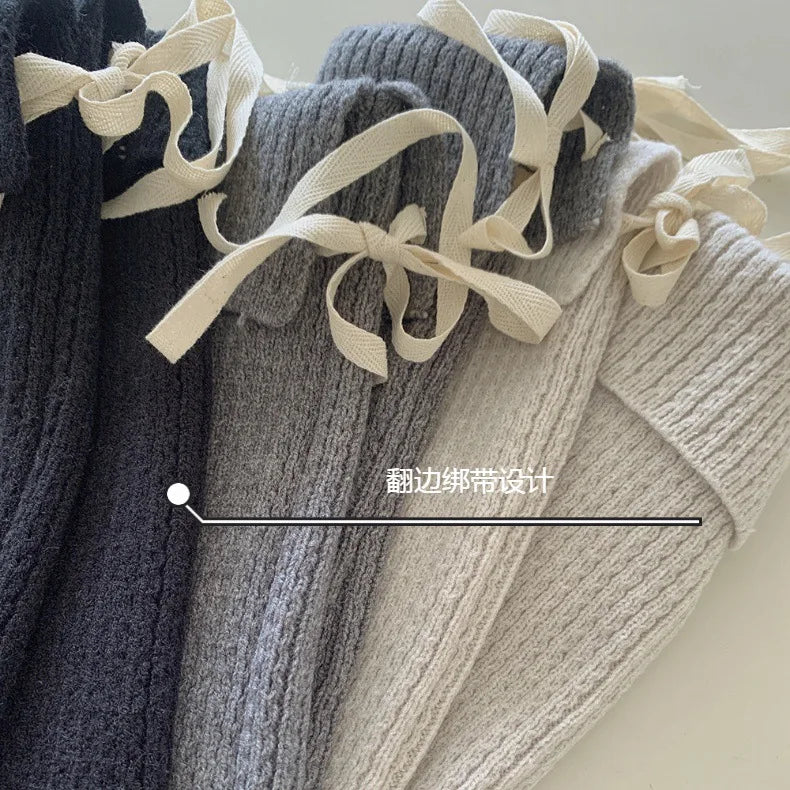 Lbsfy Korean Bow Tie Strap Knitted Leg Socks Y2K Leg Warmers Long Calf Covers Punk Japanese JK Pile Socks Stockings Stacked Socks