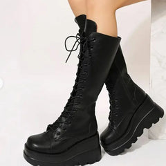 LBSFY -Black Gothic Fashion Round Toe Side Zipper Lace Up Women's Mid Calf Boots New INS Christmas Street Party Shoes Woman