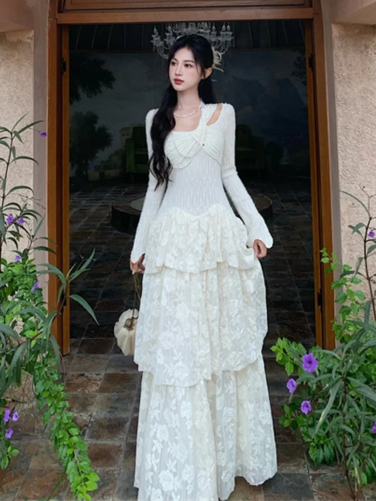 LBSFY -Elegant Fairy Womens Dresses Knitted Patchwork Flare Sleeves Princess Cake Long Dress Autumn Party Prom A-Line Vestidos Robe New