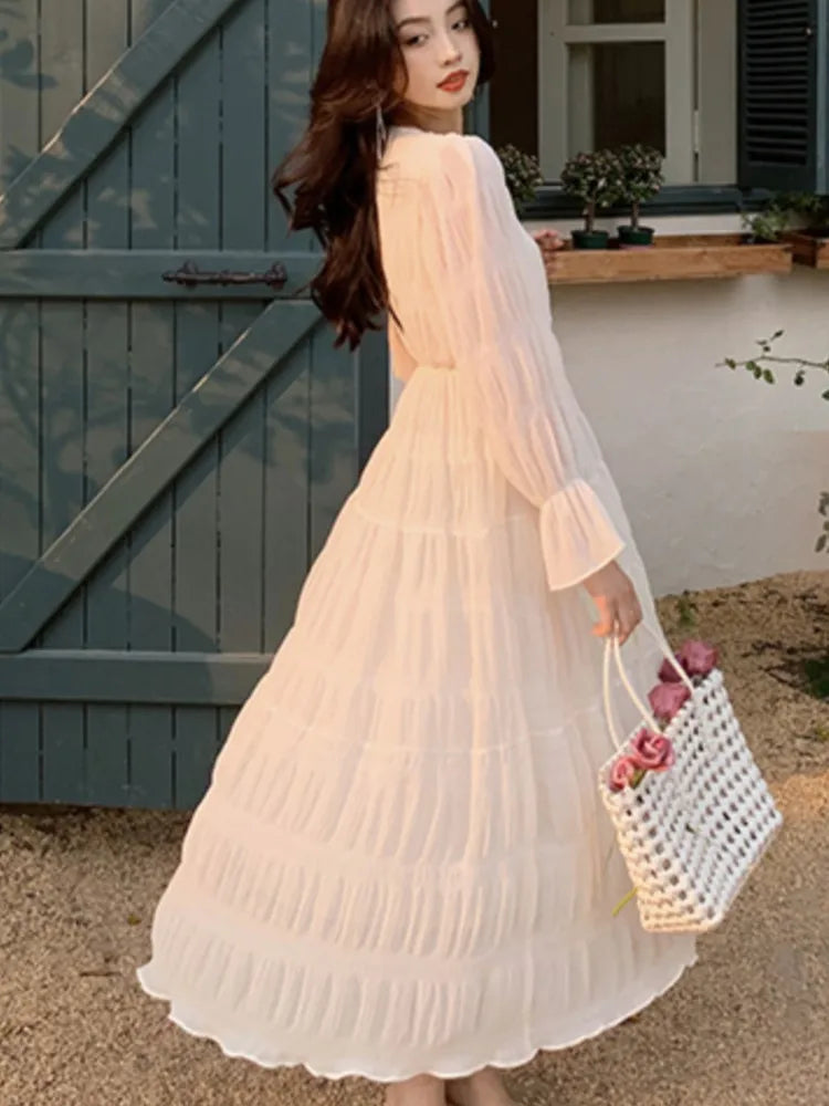 LBSFY -Elegant Princess Evening Dress for Women High Waist A-line V-Neck Autumn French Casual Prom Robe One Piece Vestidos Mujer New
