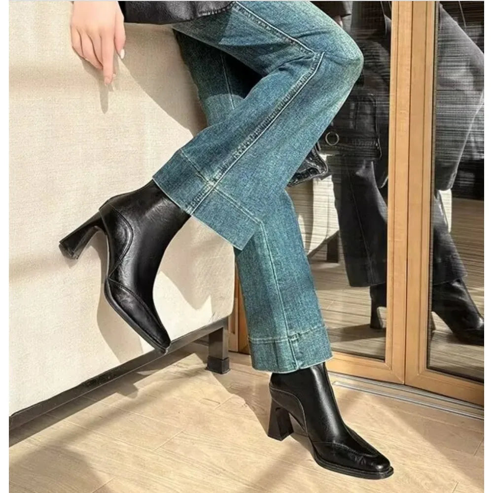 LBSFY -2025 Vintage High Heel Women Ankle Boots Fashion Square Toe Short Booties Autumn Winter Ladies Shoes Botas Mujer