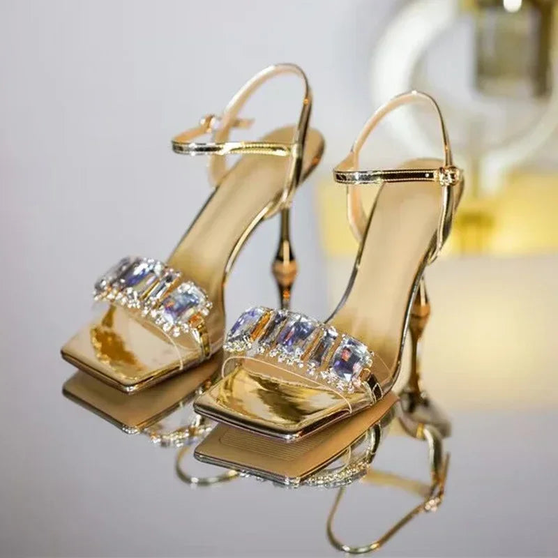 Lbsfy Luxury Diamond High Heels Women Summer Square Toe Shiny Crystal Sandals Woman Ankle Straps Elegant Party Pumps Women Shoes