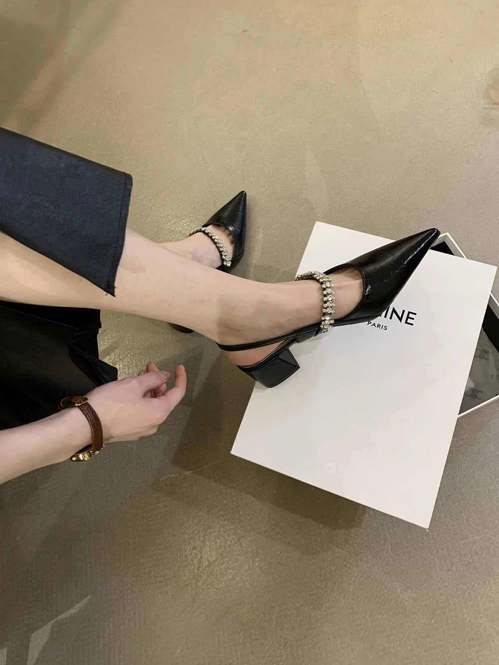 LBSFY  -  Pointed Toe Women Sandals Fashion Dress Shoes Thick Mid Heeled Back Strap Rhinestone Sexy Mules Shoes Woman Silver  Black Sandal