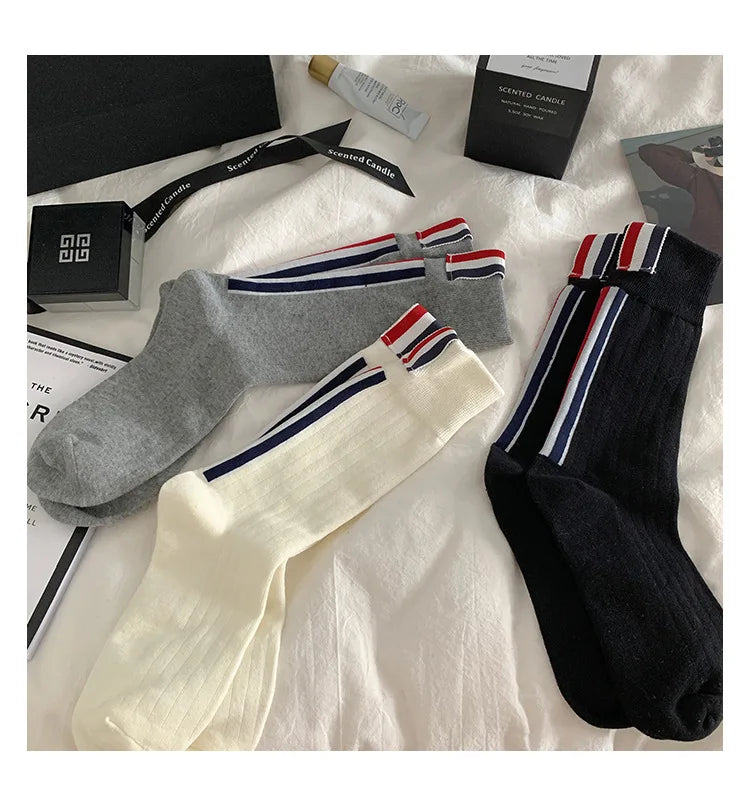 Lbsfy 3 Pairs Woman Tide Brand European Striped Label Solid Color Spring Autumn Cotton Socks Japanese JK Three Stripes Fashion Sox