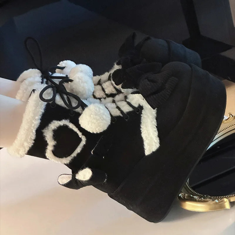 LBSFY  -  Sweet Winter Girls Lolita Mid-Calf Snow Boots,Cute Female Students Plush Warm Bowknots Lace Up Wedge Heel Heightening Shoes