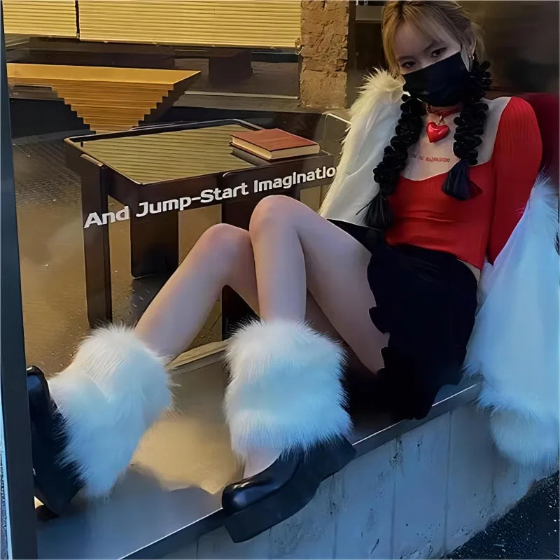 Lbsfy 25/40cm Y2K Spicy Girl Imitation Rabbit Fur Grass Leg Covers Plush Thickened Velvet Subcultural Tubing Stacked Furry Leg Warmers