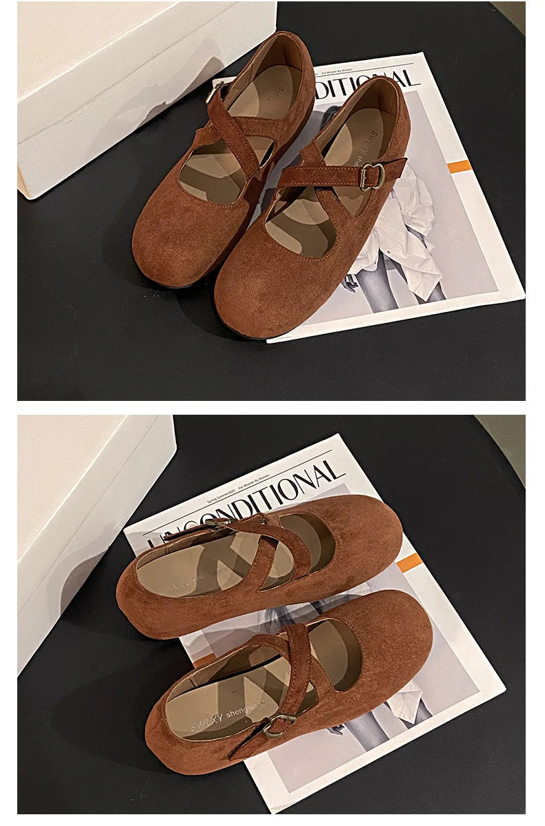 LBSFY -Retro Faux Suede Flat Internal Increase Women Dance Shoes 2025 Spring Autumn New French Casual Commuting Mary Jane Shoes Woman