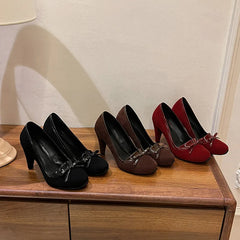 LBSFY  -  Fashion Pumps New High Quality Suede Round Head Bow Retro High Heels Banquet Dress Daily Commuter Women's Shoes