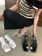 LBSFY  -  Clip Toe Women Slippers Summer Outside Mules Shoes Thin High Heels Party Pumps Casual Black Gold White Crystal Rhinestone Pumps