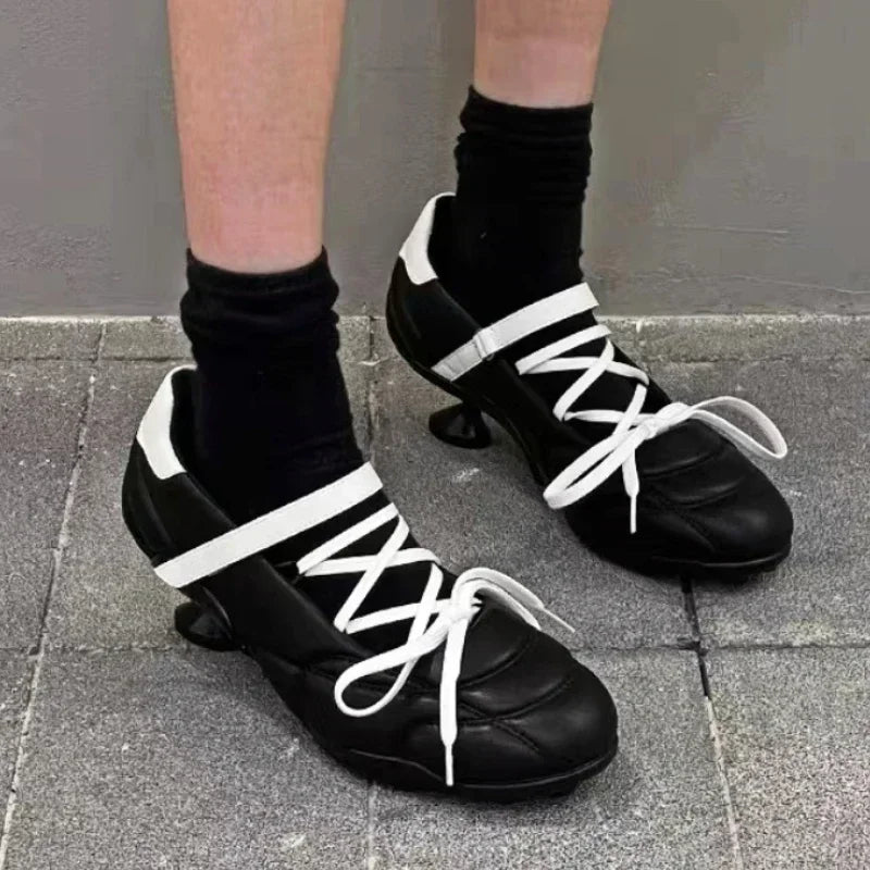 Lbsfy  High Heel Ballet Shoes Women Round Toe Cross Lace Up Strange Shoes Sporty Style Low Heel Mary Jane Shoes Women Pumps