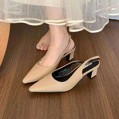 LBSFY -New Women Sandal Fashion Pointed Toe Shallow Slip On Ladies Elegant Slingback Shoes Thin Med Heel Dress Mules Shoes Muj