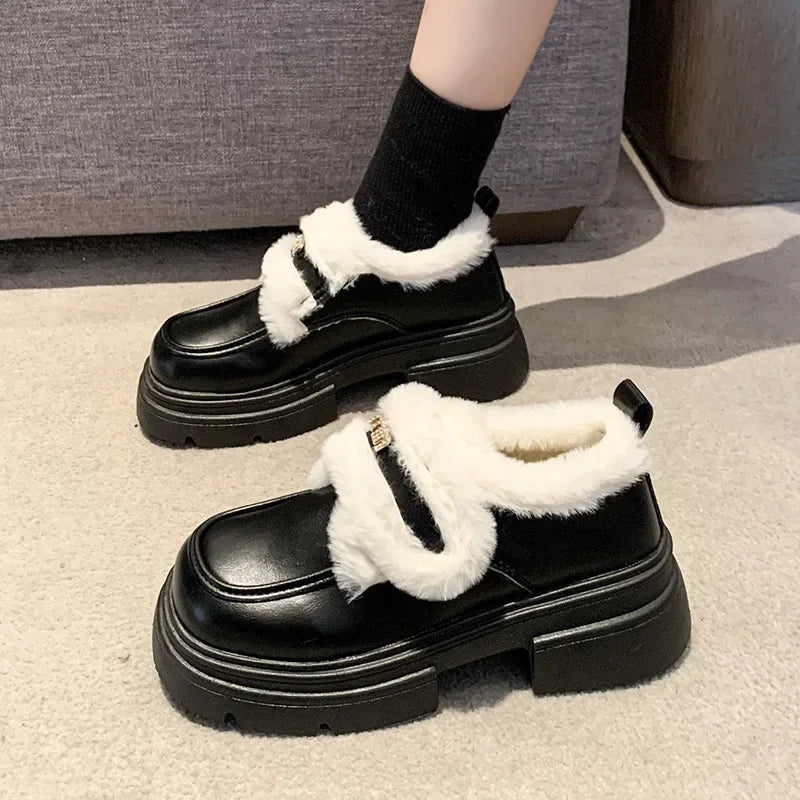 LBSFY  -  Winter Warm PU Leather Platform Shoes for Women Fashion Casual New Designer Loafers Ladies Black White British Pump Shoes Woman
