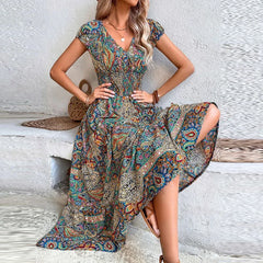 LBSFY  -  Women Vintage Print Long Dress  Summer Sexy V Neck Short Sleeve A-line Dress Female Elegant Elastic Waist Maxi Dresess Robe