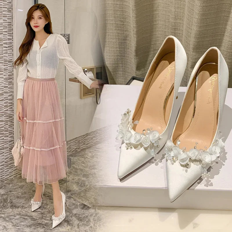 LBSFY  -  33-41 2024 New White Wedding Shoes Women Stiletto Point Toe Silk Flower Bridal Shoes High Heel Banquet Pumps