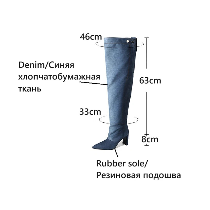 LBSFY  -  Autumn Women Boots Denim Fabric Shoes for Women Pointed Toe High Heel Shoes Fashion Knee-high Boots Lantern Boots Handmade Shoes