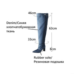 LBSFY  -  Autumn Women Boots Denim Fabric Shoes for Women Pointed Toe High Heel Shoes Fashion Knee-high Boots Lantern Boots Handmade Shoes