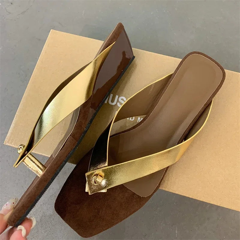 LBSFY -Summer Square Clip Toe Women Slippers Designer Wedges Low Heels Casual Party Shoes Fashion Flip Flops Zapatos De Mujer