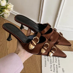 LBSFY  -  Luxury Belt Buckle Satin Designer Slippers Woman Sexy Pointed Toe Slides Sandals Fashion Thin High Heels for Women Mules Loafers