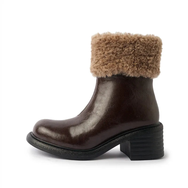 LBSFY  -  Fashion Short Boots Women's New High Quality Genuine Leather Boots Winter Warm Wool Boots Round Head High Heels Boots