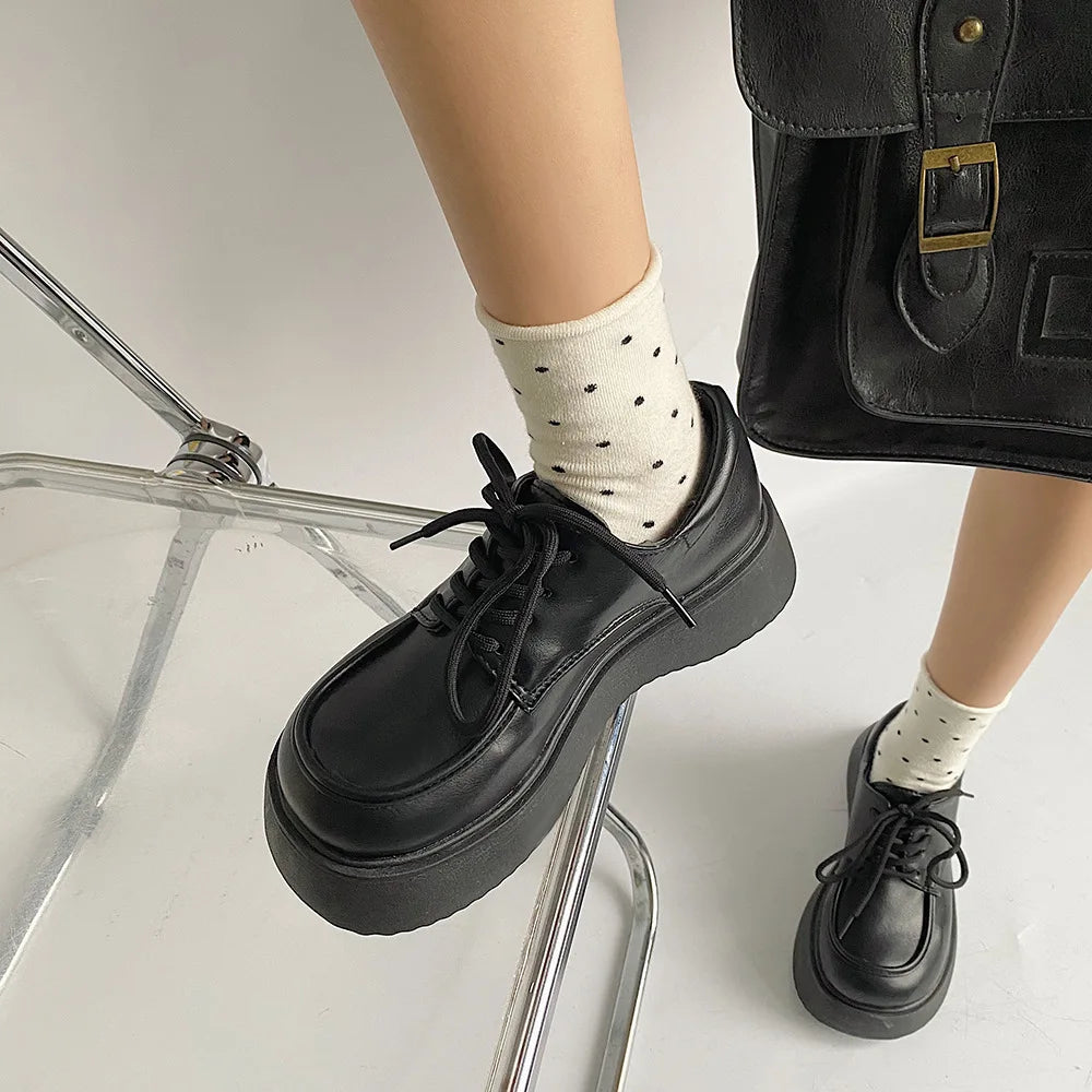 LBSFY -Chunky Pumps Platform Oxfords Shoes for Women 2025 Spring  Lace Up Flats Woman Thick Bottom Patent Leather Gothic Loafers Shoes