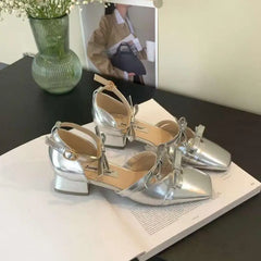 LBSFY  -  Butterfly Knot Square Toe Mule Shoes Thick Heels Shoes Female Shoes  Fashion Party Dress Sandals Woman Pumps New Mujer