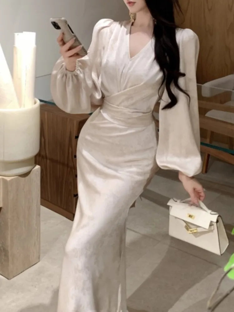 LBSFY -Elegant Bodycon Print Midi Dresses for Women Autumn Lantern Sleeve V-Neck Lace-up Mermaid Evening Party Dress Robe Vestidos New