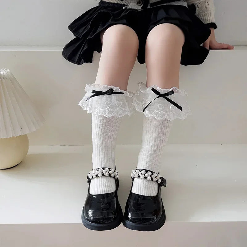 Lbsfy Autumn Girl Lolita Sweet Lace Bowknot Socks Classic Long Children Lacework Socks Vintage Soft Cute Fashion Elasticity Stockings