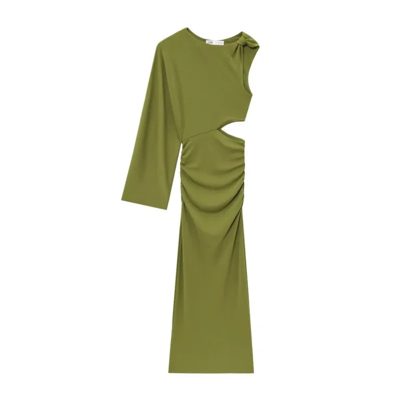 LBSFY -One Shoulder Long Sleeve Dress Solid Color Green Fashion Party Dress For Women Tight High Waist Elegant Summer Dresses New