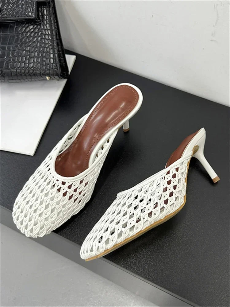 LBSFY -Summer Hollow Out Breathable Mesh Weaving Women Slippers Fashion Thin Heels Party Dress Mule Shoes Large Size 43