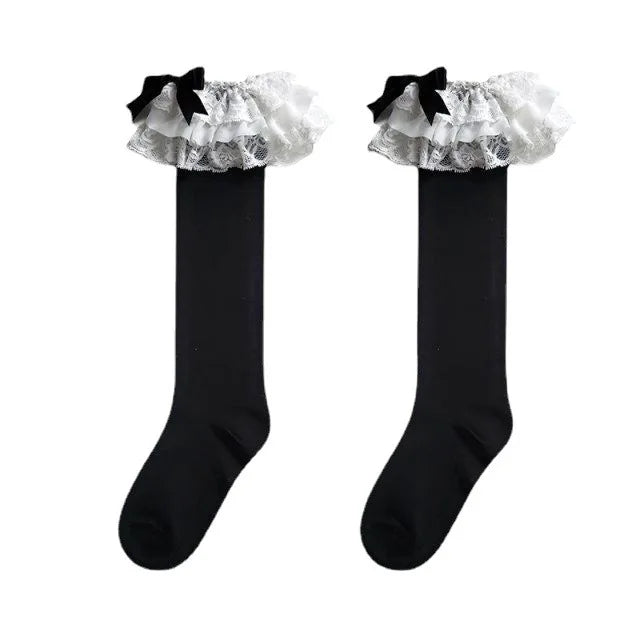Lbsfy Women Socks Spring Summer Gothic Sweet Style JK Lolita Cute Kawaii Mullet Lace Soild Color Mid-tube Knee High Girls Like Socks