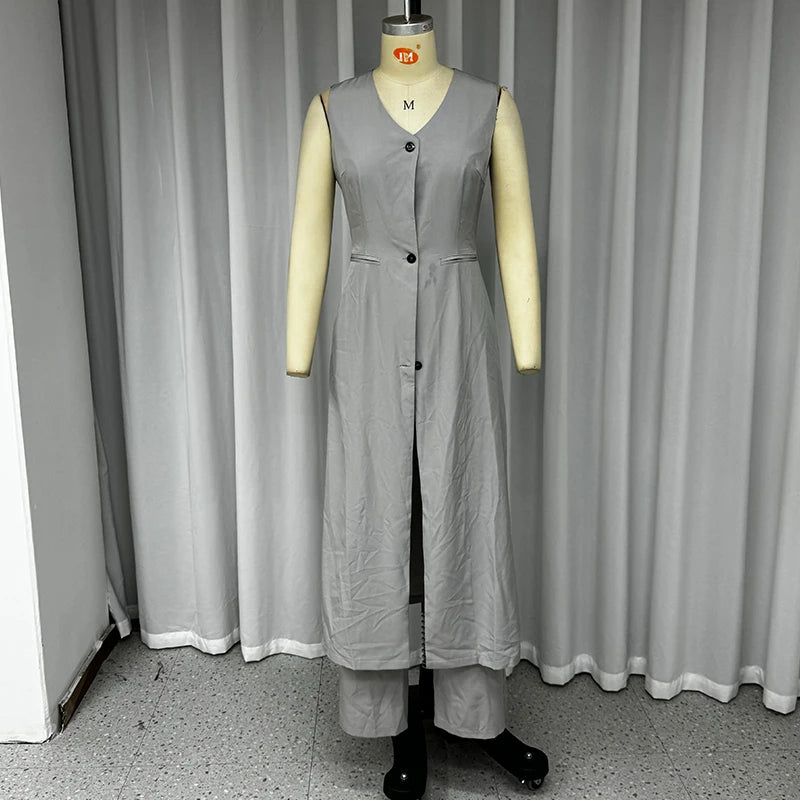 LBSFY  -  Office Women Summer Casual Chic Sleeveless V Neck Single Breasted Button Solid Long Top Loose Wide Legs Pants Sets
