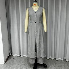 LBSFY  -  Office Women Summer Casual Chic Sleeveless V Neck Single Breasted Button Solid Long Top Loose Wide Legs Pants Sets